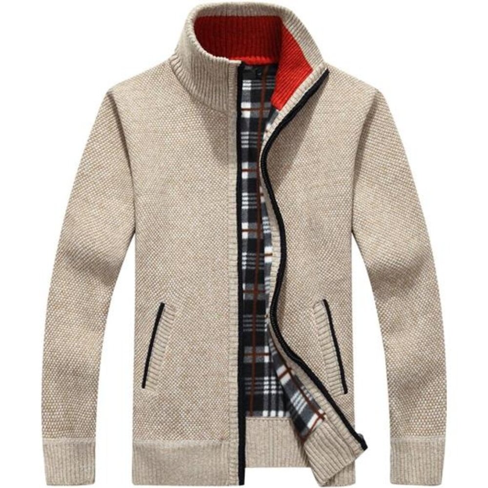 Mens Slim Knit Cardigan Sweater Full Zip Thick Warm Fleece Jacket with Pockets